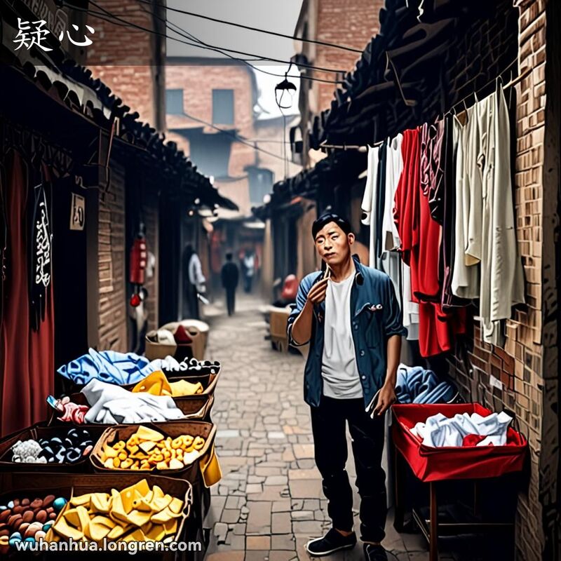 一位武汉男子在巷子里，手摸下巴，露出疑惑和怀疑的表情，背景有小摊贩和路人