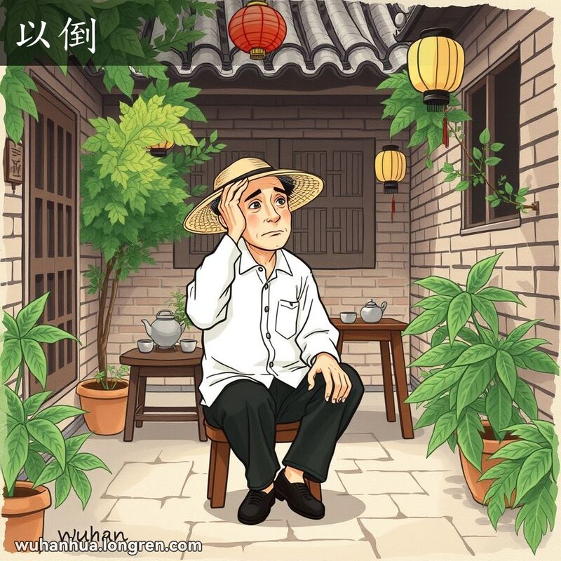 一位中年武汉男子坐在庭院小木凳上，手扶额头，露出“以倒”的表情，背景有茶壶和灯笼