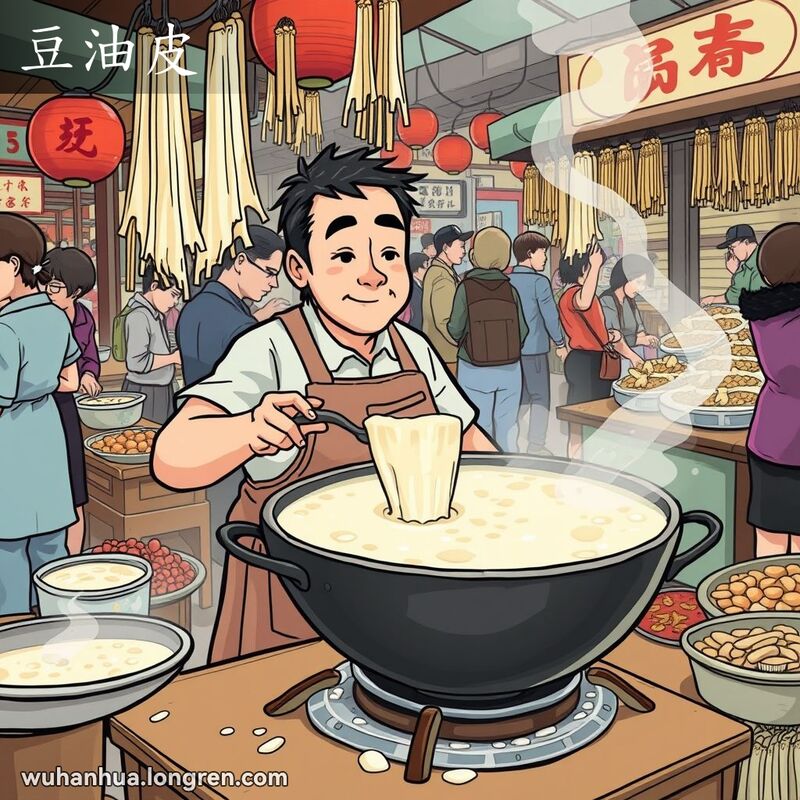 武汉街市摊位上，摊主正在从豆浆表面揭起豆腐皮，背景是忙碌的市场和晾干的豆腐皮。