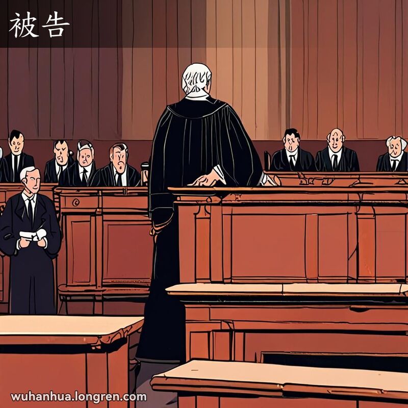 法庭场景中，一位被告站在被告席上，神情紧张，法官坐在审判席上，背景有木质装饰和陪审团席。