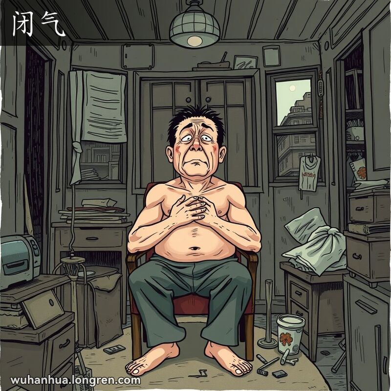 一位男子在闷热的封闭房间内，捂着胸口，表情痛苦，仿佛呼吸困难，房间内堆满旧家具和个人物品。