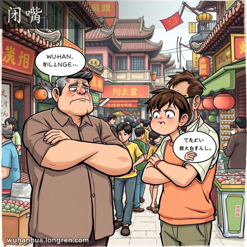 一位中年男子在武汉街头严肃地看着一个被制止说话的年轻人，背景是忙碌的市场场景。