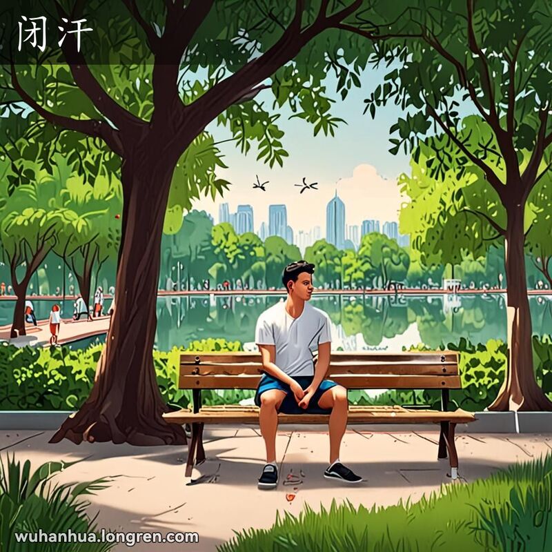 一位年轻男子坐在公园长椅上，穿着轻便的T恤和短裤，显得有些不适和发抖，背景是武汉公园景象