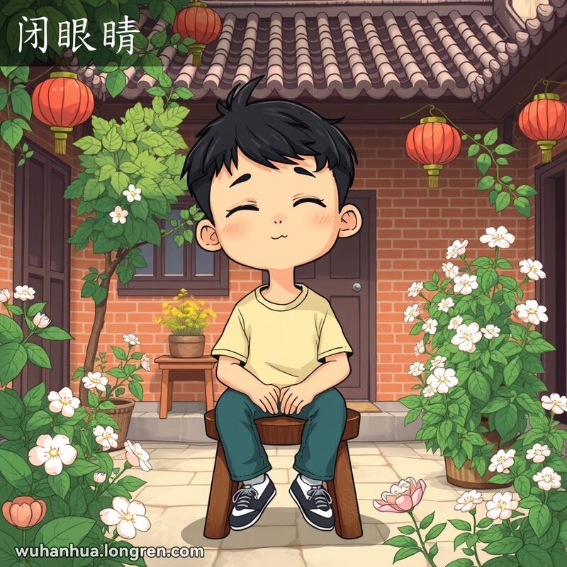 一位年轻的武汉人坐在庭院的木凳上，闭着眼睛，脸上带着宁静的表情，背景是武汉老式房屋和绿植。