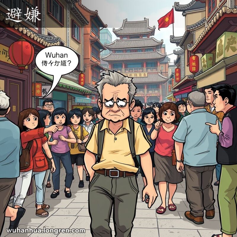 一位中年男子在武汉街头试图避开嫌疑，背景是繁忙的老街景