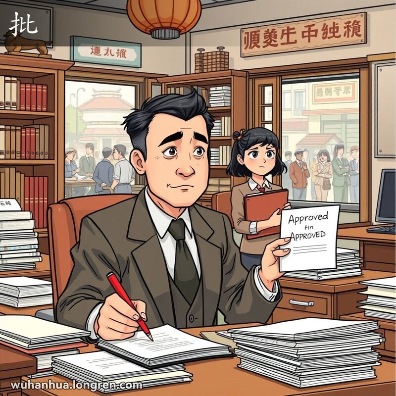 一位中年男子在办公室写文件意见，背后年轻同事手持已批准文件夹，背景是书架和繁忙街景