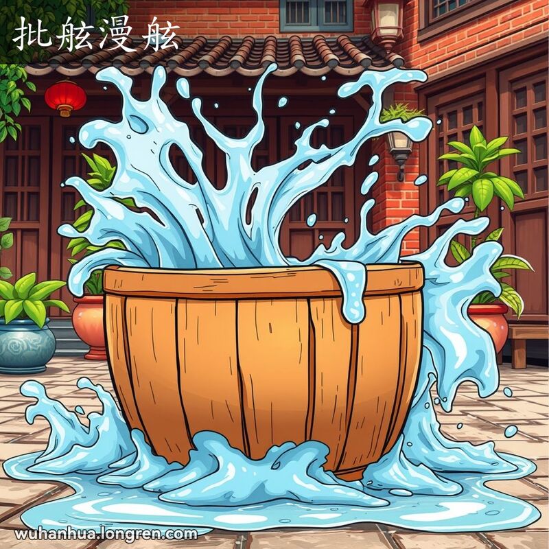 一个大木桶装满水，水从桶边溢出，背景是武汉老式院落