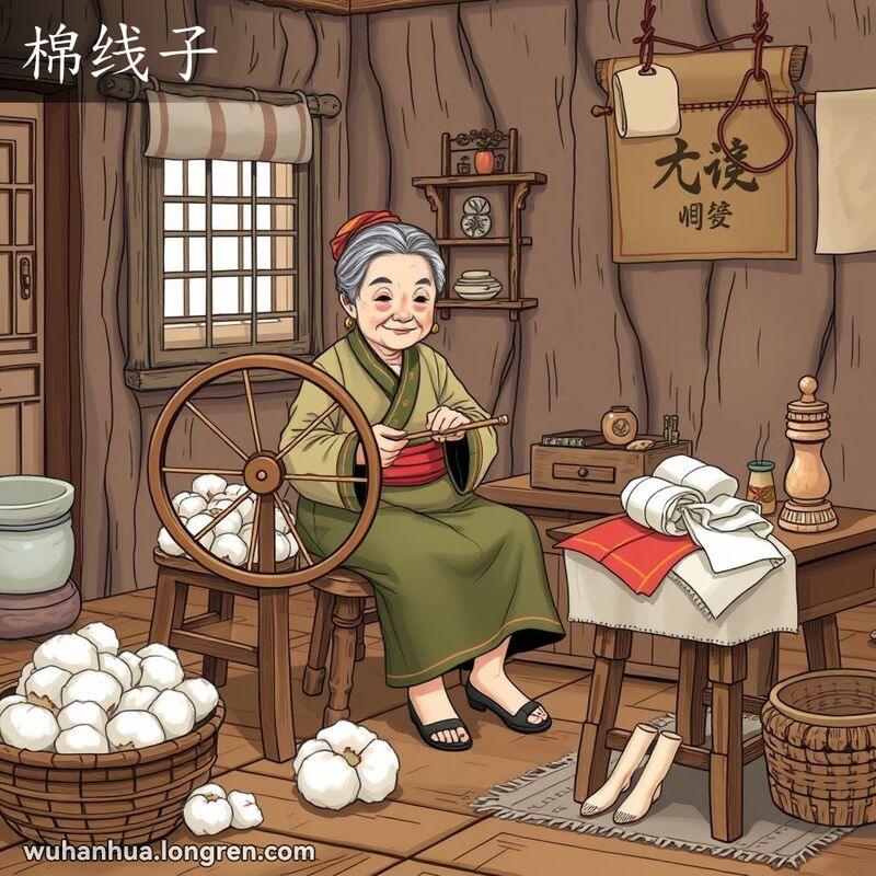 一位武汉老妇人坐在木凳上手纺棉线，旁边有棉花篮子和棉线制品，背景是温馨的老房间。