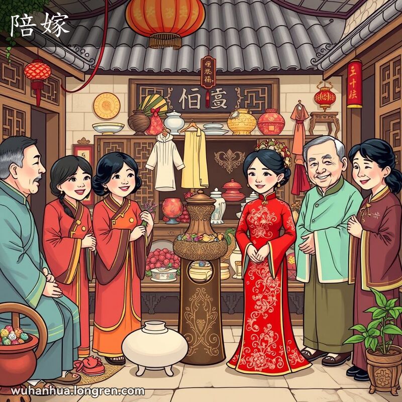 新娘穿着红色旗袍，家人们正忙着准备嫁妆，背景中有精美的家具和华丽的衣服，画面温馨喜庆。