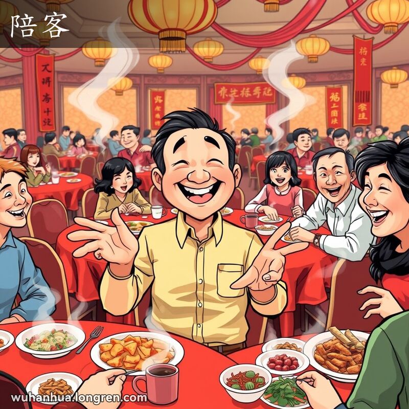 一个中年男子在宴会厅与客人们交谈，脸上带着灿烂的笑容，手势丰富，显得非常开心。客人们也在笑着交谈，享受美食和交流。