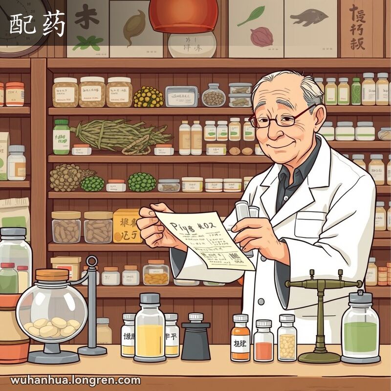 一位药剂师在中药房柜台后根据处方配药，背景是传统中药房