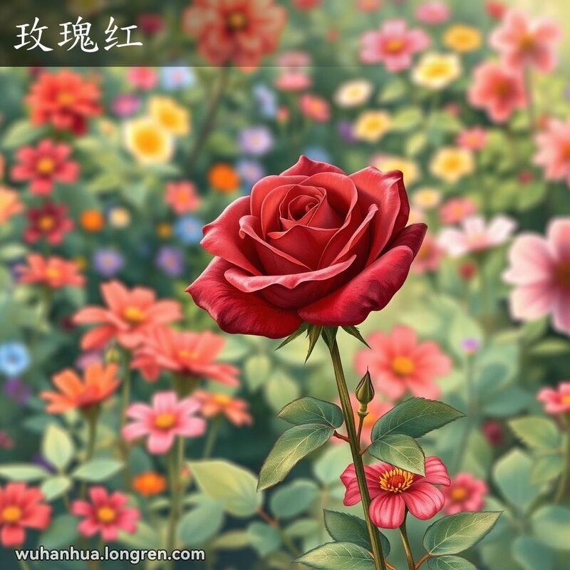 一朵深紫红色的玫瑰花在花园中盛开，背景是繁茂的绿色植被和其他鲜艳的花朵。