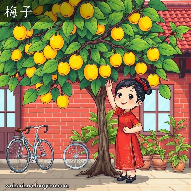 一棵繁茂的梅树，树上挂满黄色梅子，一位小女孩在树下摘梅子，背景是武汉老庭院