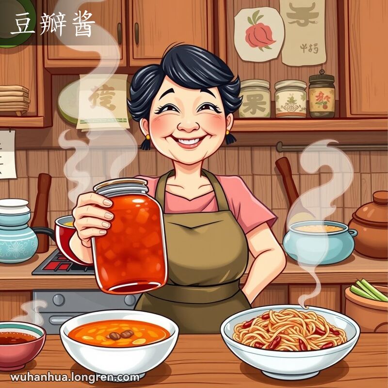 一位中年妇女在传统厨房中手持一罐豆瓣酱，背景有煮汤和面条，画面生动有趣。