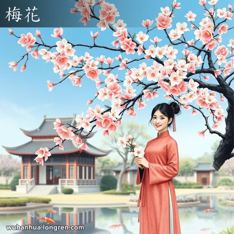早春武汉的梅花盛开，五瓣花朵有粉红、白色和红色，香气扑鼻，一位年轻女子站在梅树下，手持梅花微笑，背景是中式园林。