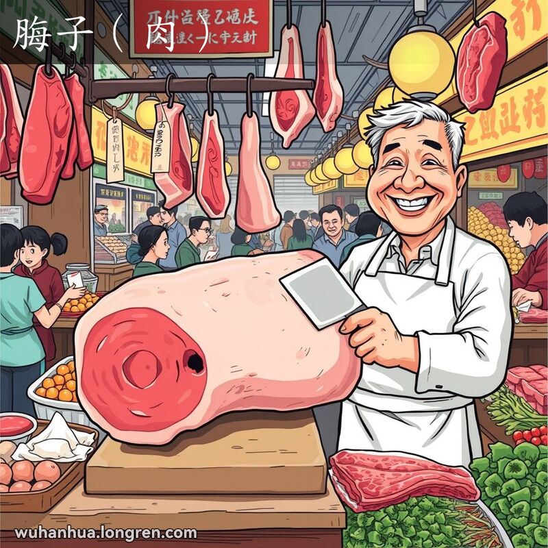 武汉传统市场中的猪肉摊位，摊主展示新鲜的猪里脊肉，背景有其他肉类摊位和市场景象