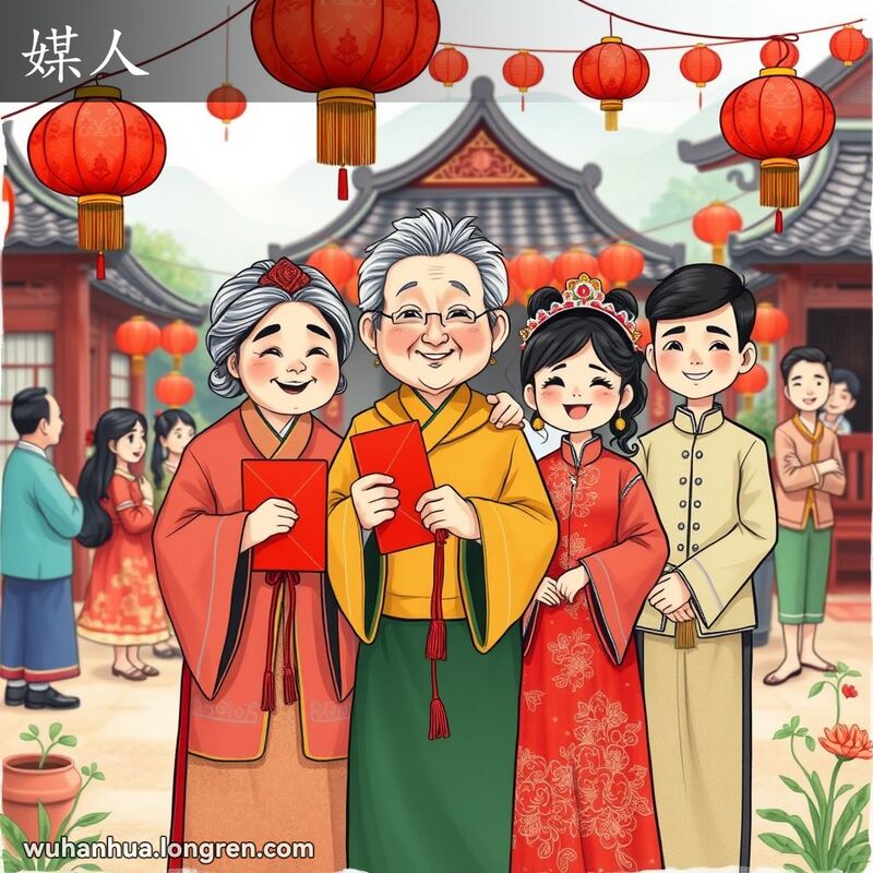 一位老妇人在村庄婚礼上担任媒人，手持红包和红线，新人幸福微笑，背景是红灯笼和欢庆的村民