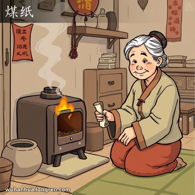 一位武汉老奶奶在家中炉灶旁，手持用来引火的纸卷儿（煤纸），背景是温馨的老房子