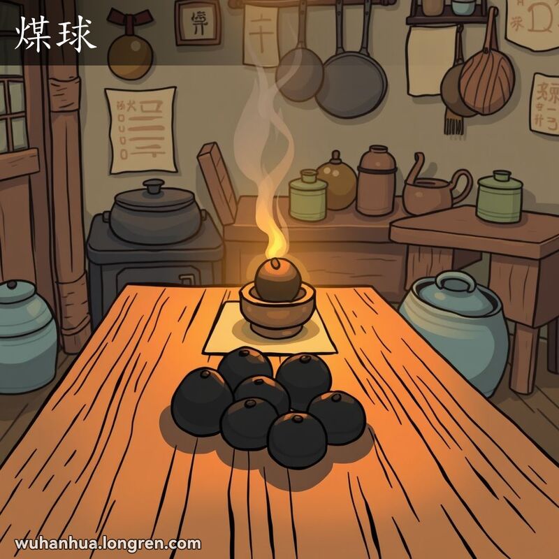 一个温馨的武汉厨房，桌上摆放着几个小圆煤球，炉灶中燃烧着一个煤球，散发出温暖的光芒。