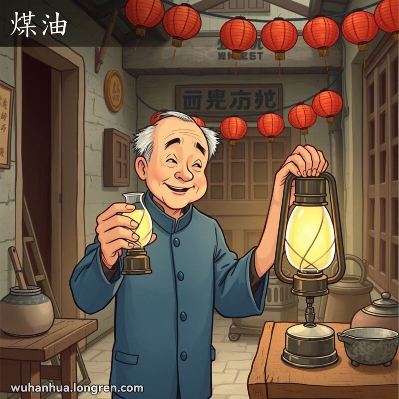 一位老人手持煤油灯站在武汉老巷子的传统民居前，背景有木质桌椅和红灯笼，画面温馨怀旧。