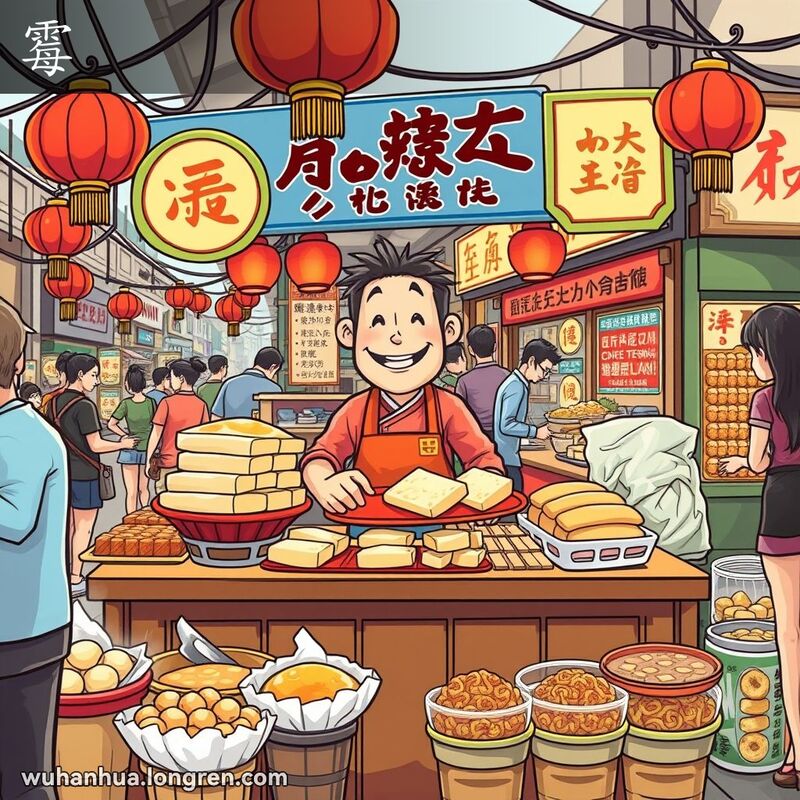 武汉街头市场，摊位售卖霉豆腐、霉干子、霉千张、霉面筋和霉豆渣，摊主微笑招揽顾客，背景有其他小吃摊位