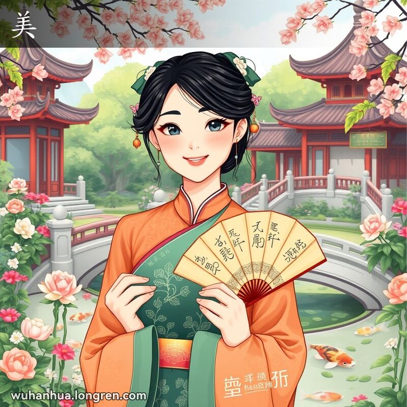 一位身穿传统服饰的武汉年轻女子站在美丽的花园前，面带灿烂的笑容，背景有宝塔和小桥，手持精致扇子，姿态优雅。