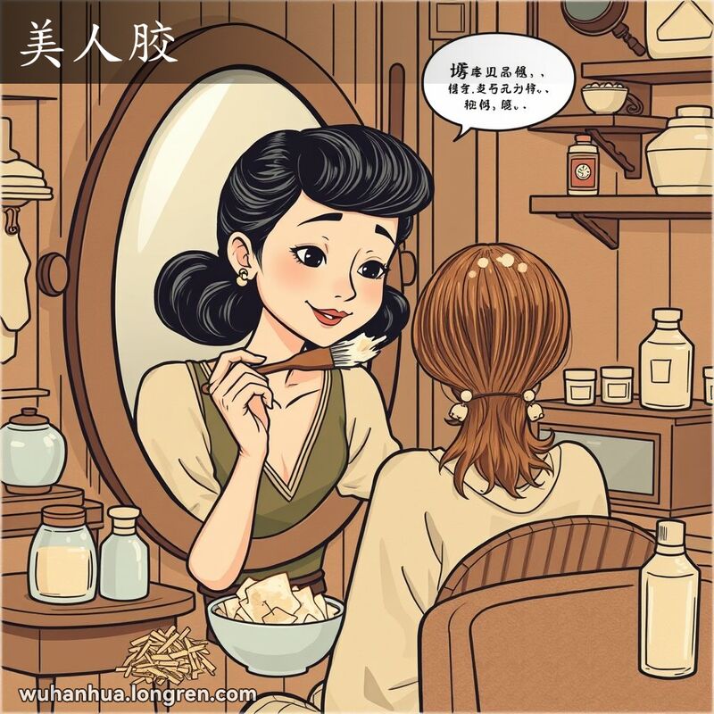 一位妇女在老武汉的美容院里，使用美人胶梳理头发，背景是老式美容工具和传统化妆品