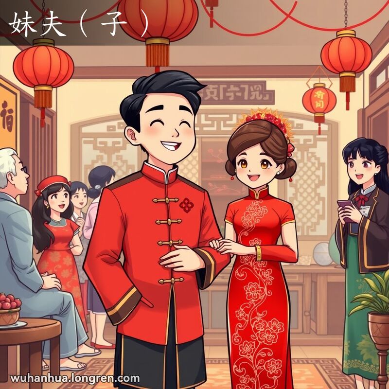 一场传统武汉婚礼，新郎新娘手牵手，笑容满面，背景是庆祝的家人和宾客，新郎的妹夫站在一旁，脸上洋溢着骄傲和喜悦。