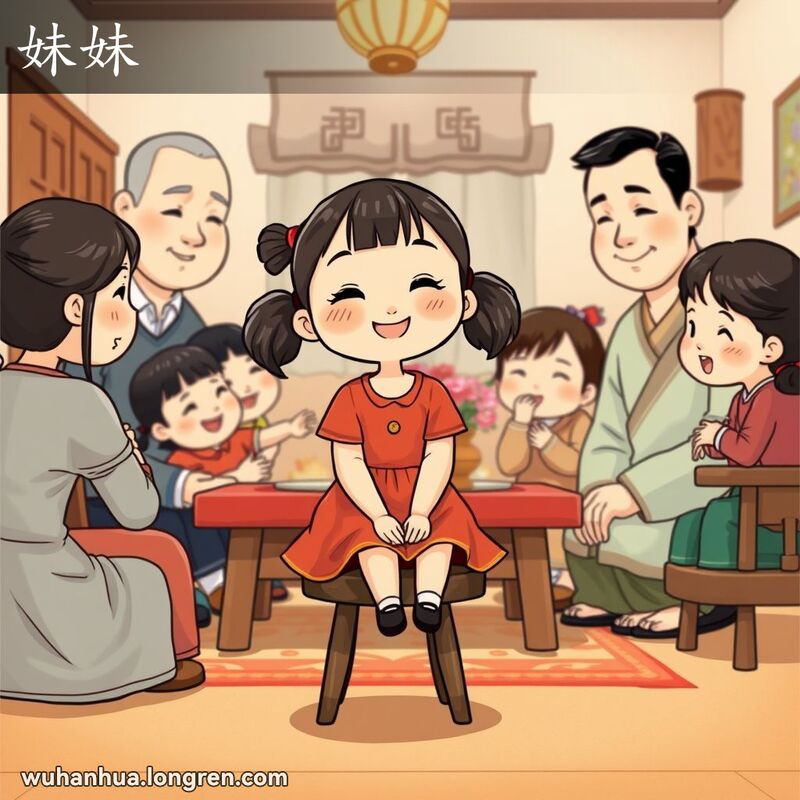 一个传统武汉家庭聚会，小女孩坐在小板凳上微笑，家人围绕在她身边，背景有中式家具和鲜花。