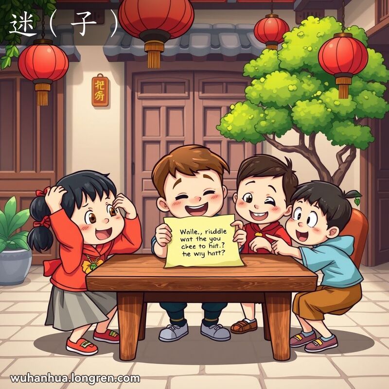 一群孩子在武汉庭院中围坐猜谜语，主角手持谜语纸条，其他孩子凑近猜测，背景有老式木门和红灯笼