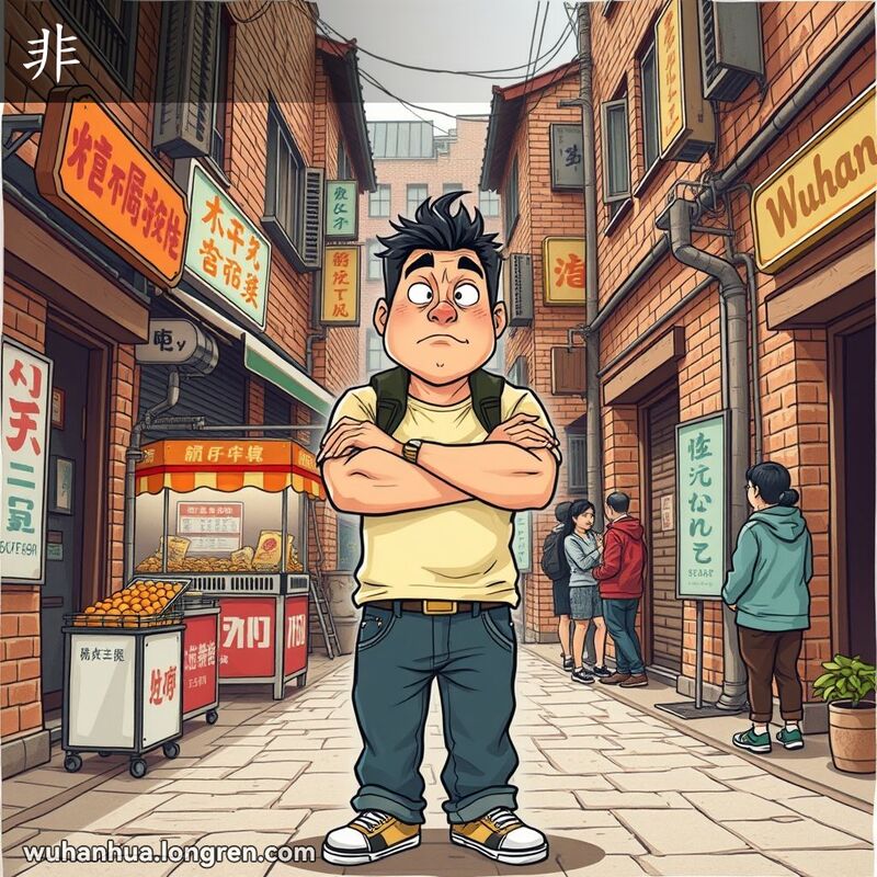 一位武汉男子在老街上坚定地站立，双臂交叉，表情坚决，背景有小摊贩和路人。