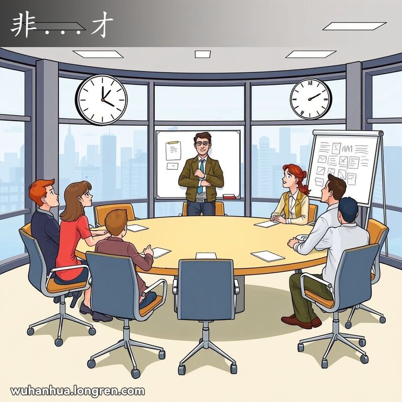 现代办公室会议场景，时钟显示9:00 AM，一人站立查看手表，显得不耐烦，其他人闲聊等待会议开始，背景是城市天际线