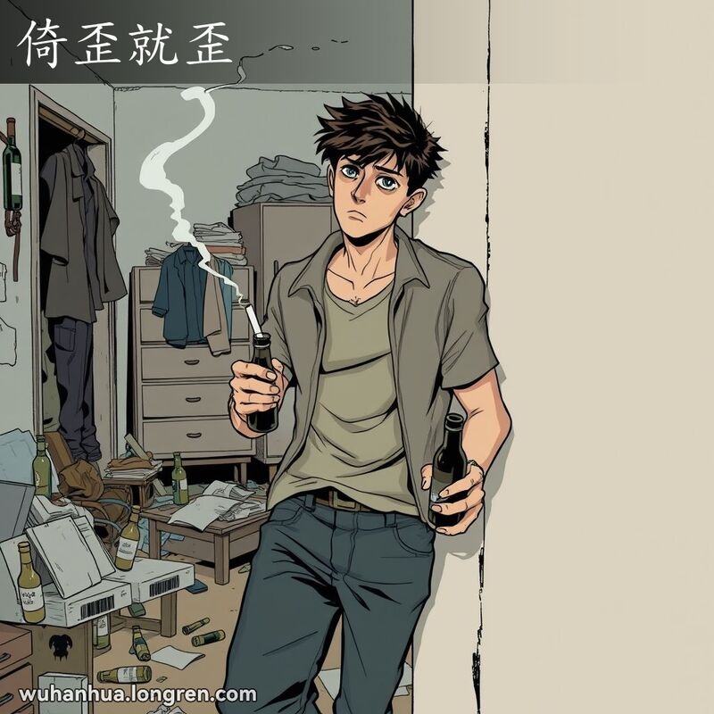 一位年轻男子靠在墙边，手持香烟和啤酒瓶，表情消沉，背景是凌乱的房间，传达“倚歪就歪”的情绪。