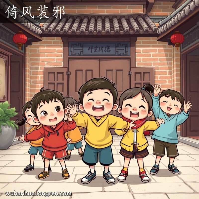 一群孩子在武汉老院子里玩耍，一个孩子假装被风吹动，做出搞笑的动作和表情，表现“倚风装邪”的情景。
