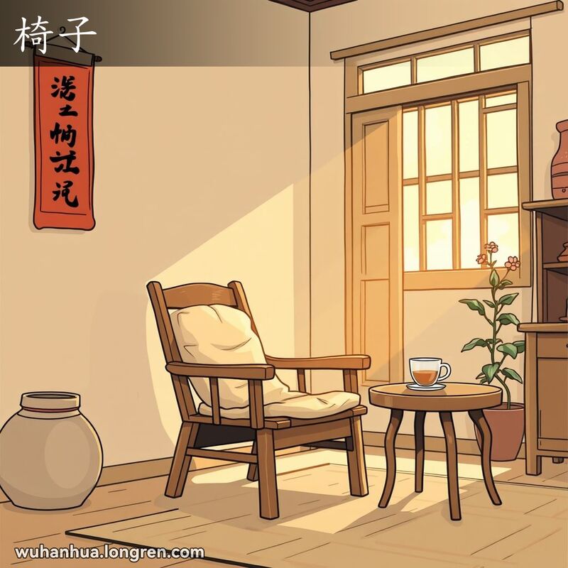 一间温馨的武汉传统居室，房间内有一把带靠背的木椅，椅子旁边是一张小圆桌，桌上放着一杯茶。