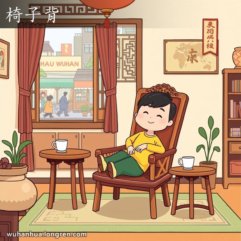 一位居民坐在传统中式木椅上，舒适地靠在精美的椅背上，背景是温馨的客厅和繁忙的武汉街景。