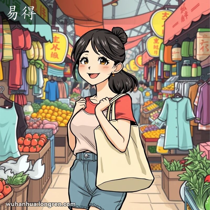 一位年轻女子在武汉市场中轻松提着袋子，背景是热闹的市场场景