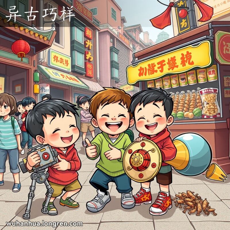 几个孩子在武汉街头玩奇形怪状的玩具，背景是售卖稀奇古怪小吃的摊贩