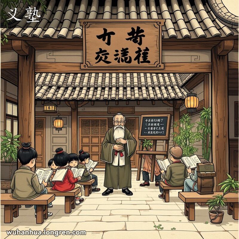 传统中国庭院内，孩子们在义塾学习，老师在黑板前授课，背景是古建筑和竹子。