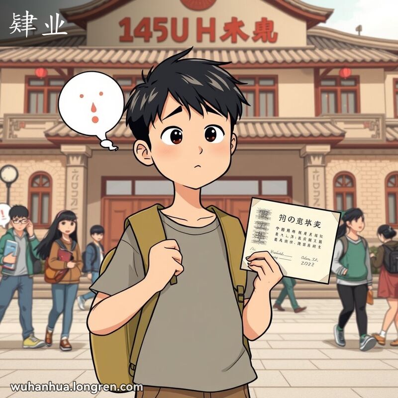 一位武汉学生站在学校前，手持书包，望着毕业证书露出“肄业”的表情，背景是热闹的校园环境