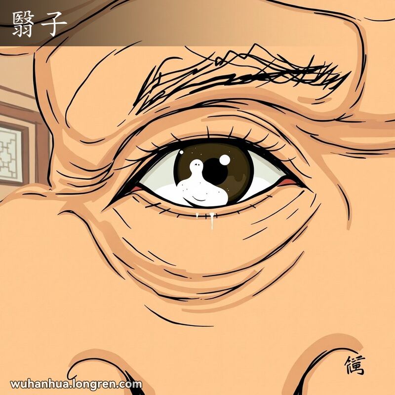 一位武汉老人的眼睛特写，眼球角膜上有一道白色疤痕，表现“翳子”的含义。