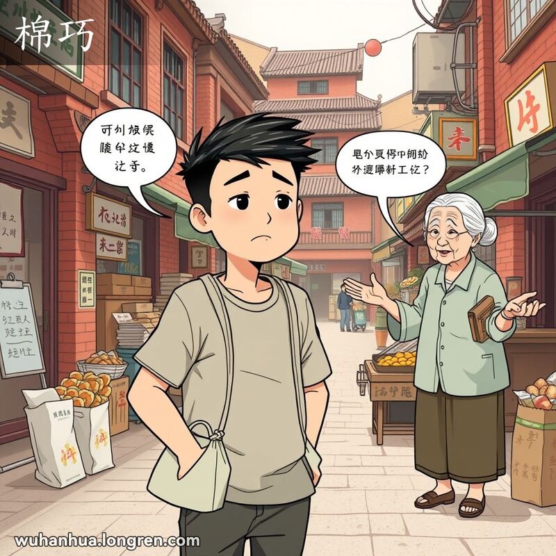 一位年轻男子在武汉老街市场前，手持杂货，神情收敛，背景中老妇人正在劝导他，画面温馨怀旧。