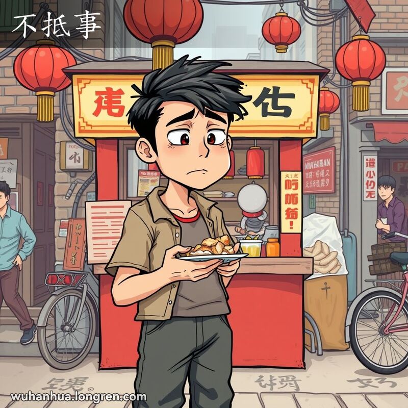 一位年轻男子在武汉街头小吃摊前，手持一小盘食物，露出“不抵事”的不满表情，背景是热闹的街市。