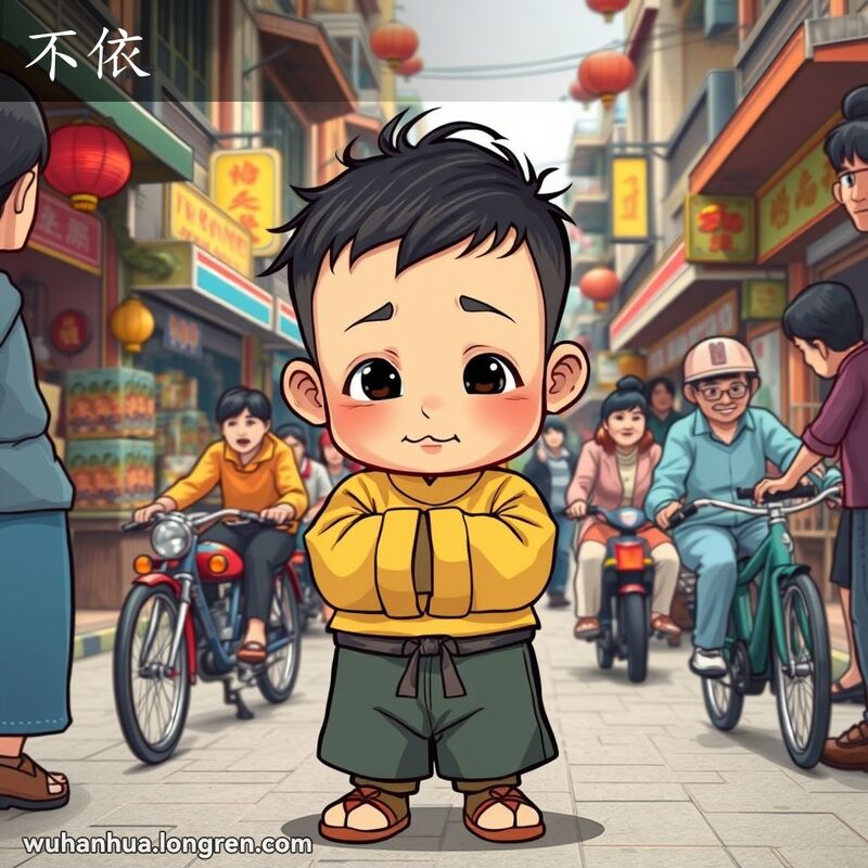 一位穿着传统服装的孩子在武汉老街上，双手交叉，坚定地站着，脸上带着不愿听从的表情，周围的成人试图劝说他。