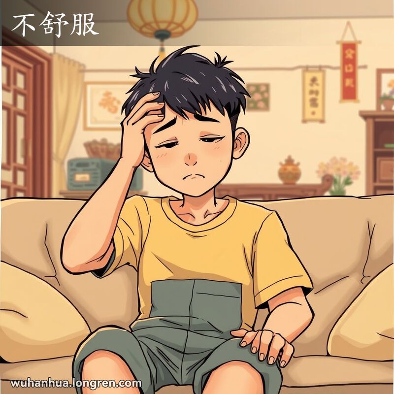 一位武汉市民坐在沙发上，手扶额头，面露不适的表情，背景是温馨的客厅