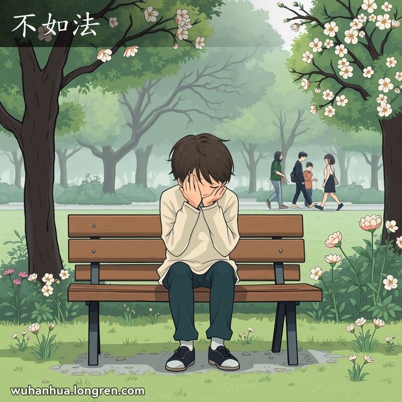 一位年轻的武汉市民独自坐在公园长椅上，低着头，双手捂着脸，表情悲伤，背景是宁静的公园
