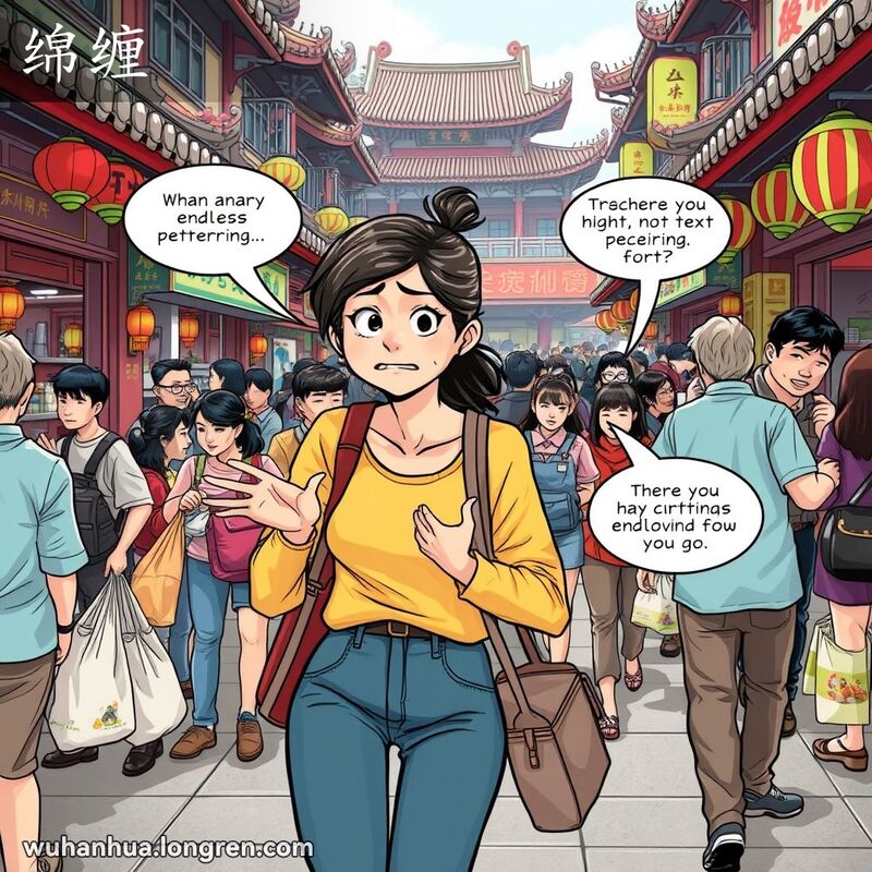 一位年轻女子在武汉市场中被男子纠缠不休，背景是热闹的市场场景