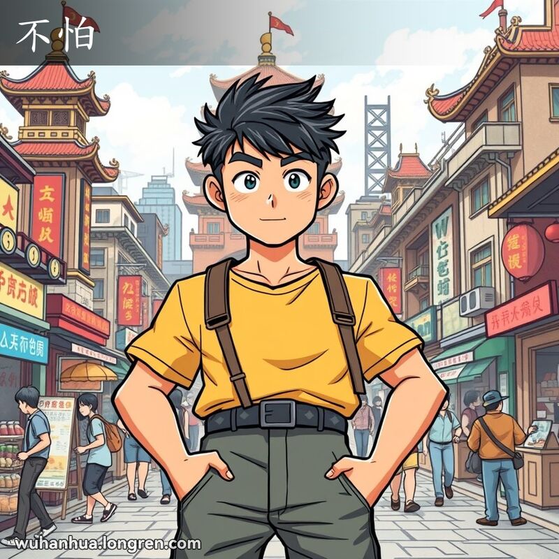 一位年轻男子在武汉街头，背景是黄鹤楼和长江大桥，表情坚定，展现出“不怕”的勇气。