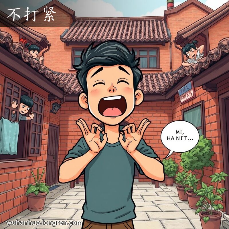 一个年轻人在武汉传统院落中大声喊叫，邻居们被吵醒露出不满表情，背景是武汉老街景