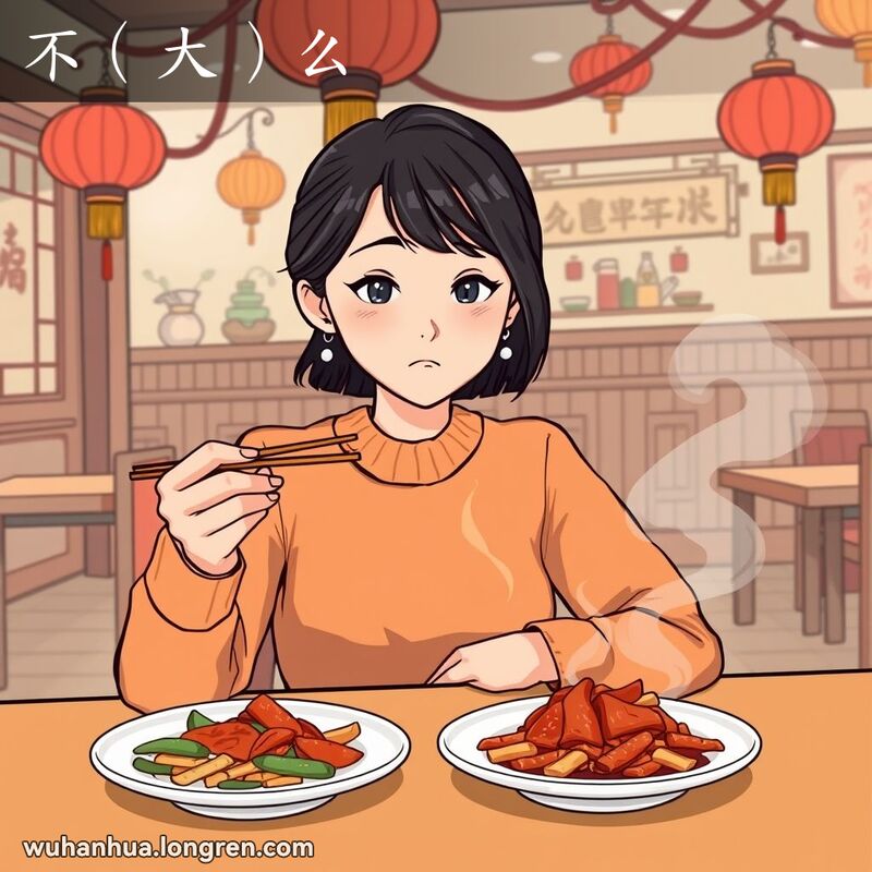 一位武汉女子坐在餐馆内，看着辣味菜肴露出“不（大）么”的表情，背景是传统中餐馆